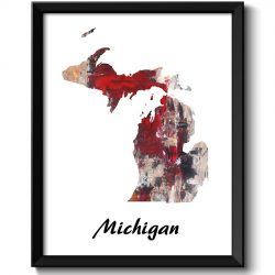 INSTANT DOWNLOAD Michigan Map State Watercolor Painting Poster Print USA United States Abstract Landscape Art Red Beige Dark Grey