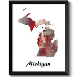 INSTANT DOWNLOAD Michigan Map State Watercolor Painting Poster Print USA United States Abstract Landscape Art Red Blue Beige Grey