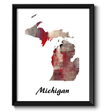 INSTANT DOWNLOAD Michigan Map State Watercolor Painting Poster Print USA United States Abstract Landscape Art Red Blue Beige Grey