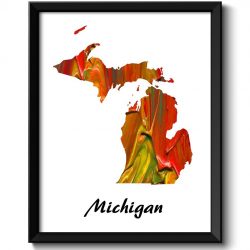 INSTANT DOWNLOAD Michigan Map State Watercolor Painting Poster Print USA United States Abstract Landscape Art Red Yellow Green