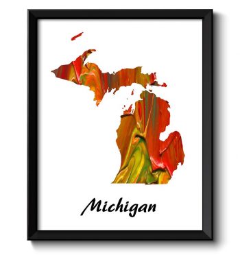 INSTANT DOWNLOAD Michigan Map State Watercolor Painting Poster Print USA United States Abstract Landscape Art Red Yellow Green