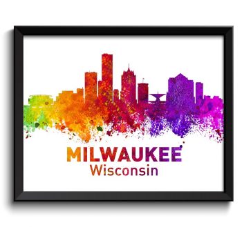 INSTANT DOWNLOAD Milwaukee Skyline Wisconsin City Colorful Watercolor Cityscape Poster Print Landscape Art Painting Red Purple Pink Yellow