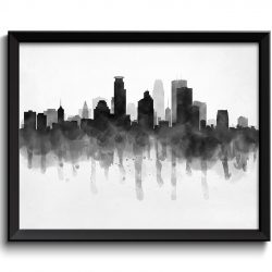 INSTANT DOWNLOAD Minneapolis Skyline Minnesota USA United States Cityscape Art Print Poster Black White Grey Watercolor Painting