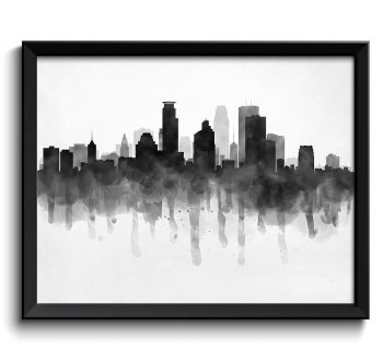 INSTANT DOWNLOAD Minneapolis Skyline Minnesota USA United States Cityscape Art Print Poster Black White Grey Watercolor Painting