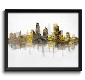 INSTANT DOWNLOAD Minneapolis Yellow Grey Black Skyline Minnesota USA United States Cityscape Art Print Poster Gray Watercolor Painting