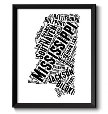 INSTANT DOWNLOAD Mississippi Map Typography Textography Text Word Cloud Black White Poster Print USA United States Landscape Wall Art