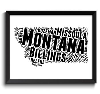 INSTANT DOWNLOAD Montana Map State Text Word Cloud Black White Poster Print USA United States Modern Print Landscape Wall Art Painting