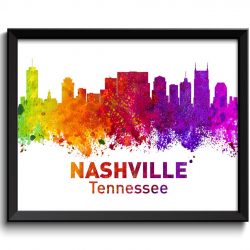 INSTANT DOWNLOAD Nashville Skyline Tennessee City Colorful Watercolor Cityscape Poster Print Landscape Art Painting Red Purple Pink Yellow