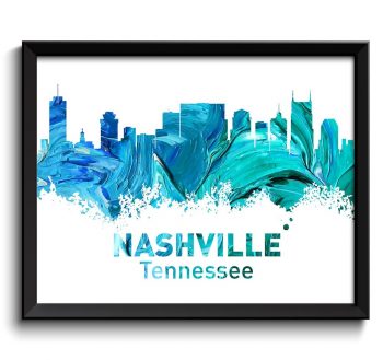 INSTANT DOWNLOAD Nashville Skyline Tennessee Turquoise Blue Teal Watercolor Cityscape Poster Print Landscape Painting Home Decor Wall Art