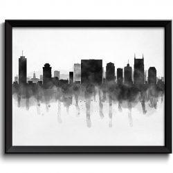 INSTANT DOWNLOAD Nashville Skyline Tennessee USA United States Cityscape Art Print Poster Black White Grey Watercolor Painting