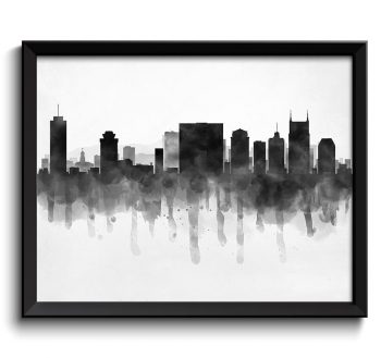 INSTANT DOWNLOAD Nashville Skyline Tennessee USA United States Cityscape Art Print Poster Black White Grey Watercolor Painting