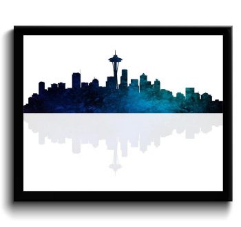 INSTANT DOWNLOAD Navy Blue Green Seattle Skyline Seattle Washington Seattle Wall Art Print Seattle Poster Watercolor Painting Grey Aqua