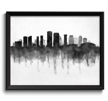 INSTANT DOWNLOAD New Orleans Skyline Louisiana USA United States Cityscape Art Print Poster Black White Grey Watercolor Painting