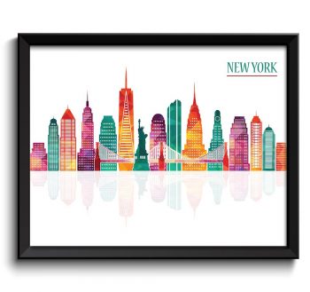 INSTANT DOWNLOAD New York City Colorful Green Teal Pink Purple Peach Skyline Cityscape Poster Print United States USA Landscape Art Painting