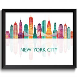 INSTANT DOWNLOAD New York City Colorful Skyline Green Teal Pink Purple Peach Cityscape Poster Print United States USA Landscape Art Painting