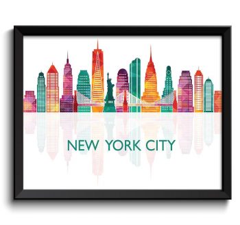 INSTANT DOWNLOAD New York City Colorful Skyline Green Teal Pink Purple Peach Cityscape Poster Print United States USA Landscape Art Painting