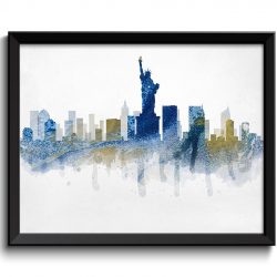 INSTANT DOWNLOAD New York City Navy Blue Gold Grey Skyline New York Skyline USA United States Cityscape Art Print Poster Watercolor Painting