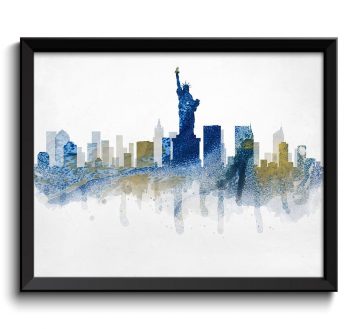 INSTANT DOWNLOAD New York City Navy Blue Gold Grey Skyline New York Skyline USA United States Cityscape Art Print Poster Watercolor Painting