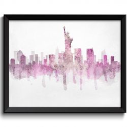 INSTANT DOWNLOAD New York City Pink Grey Gray Skyline New York Skyline USA United States Cityscape Art Print Poster Gray Watercolor Painting