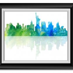 INSTANT DOWNLOAD New York City Skyline Green Blue Watercolor New York Cityscape Poster Print Modern Abstract Landscape Art Painting