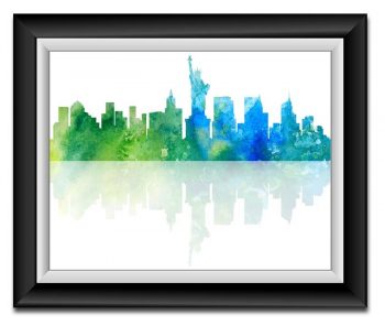 INSTANT DOWNLOAD New York City Skyline Green Blue Watercolor New York Cityscape Poster Print Modern Abstract Landscape Art Painting