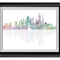 INSTANT DOWNLOAD New York City Skyline Green Pink Purple Blue Watercolor Cityscape Poster Print Modern Abstract Landscape Art Painting