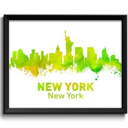 INSTANT DOWNLOAD New York City Skyline Lime Green Yellow Watercolor Cityscape Poster Print Modern Abstract Landscape Art Painting