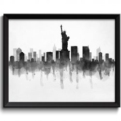 INSTANT DOWNLOAD New York City Skyline New York Skyline USA United States Cityscape Art Print Poster Black White Grey Watercolor Painting