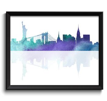 INSTANT DOWNLOAD New York City Skyline Teal Turquoise Blue Purple Watercolor New York Cityscape Poster Print Abstract Landscape Art Painting