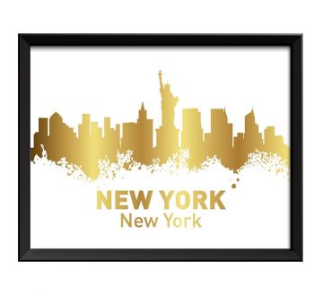 INSTANT DOWNLOAD New York City Skyline White Shinny Metallic Gold Leaf Look Watercolor Cityscape Poster Print Landscape Art Painting