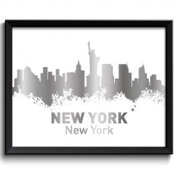 INSTANT DOWNLOAD New York City Skyline White Shinny Metallic Silver Look Grey Gray Watercolor Cityscape Poster Print Landscape Art Painting