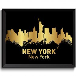 INSTANT DOWNLOAD New York Skyline City Black Shinny Metallic Gold Leaf Look Watercolor Cityscape Poster Print Modern Landscape Art Painting