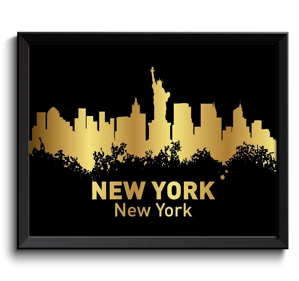 INSTANT DOWNLOAD New York Skyline City Black Shinny Metallic Gold Leaf Look Watercolor Cityscape Poster Print Modern Landscape Art Painting