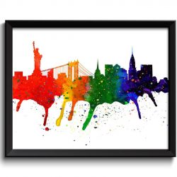 INSTANT DOWNLOAD New York Skyline City Rainbow Watercolor Cityscape Poster Print Modern Landscape Art Painting Red Green Orange Yellow Blue