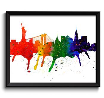 INSTANT DOWNLOAD New York Skyline City Rainbow Watercolor Cityscape Poster Print Modern Landscape Art Painting Red Green Orange Yellow Blue