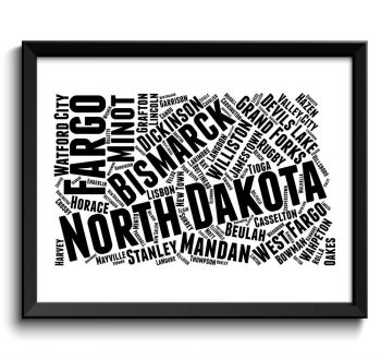 INSTANT DOWNLOAD North Dakota Map Typography Print Text Word Cloud Black White Poster Print USA United States Landscape Wall Art Painting