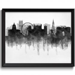 INSTANT DOWNLOAD Nottingham Skyline England Europe Cityscape Art Print Poster Black White Grey Watercolor Painting