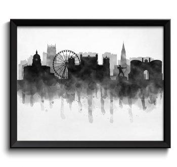 INSTANT DOWNLOAD Nottingham Skyline England Europe Cityscape Art Print Poster Black White Grey Watercolor Painting