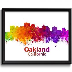 INSTANT DOWNLOAD Oakland Skyline Colorful California City Watercolor Cityscape Poster Print Landscape Art Painting Red Purple Pink Yellow