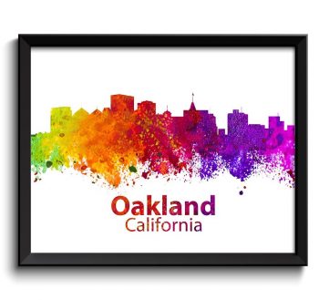 INSTANT DOWNLOAD Oakland Skyline Colorful California City Watercolor Cityscape Poster Print Landscape Art Painting Red Purple Pink Yellow