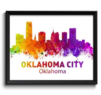 INSTANT DOWNLOAD Oklahoma City Skyline Colorful Watercolor Cityscape Poster Print Landscape Art Painting Red Purple Pink Yellow Green