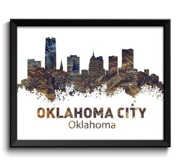 INSTANT DOWNLOAD Oklahoma City Skyline Navy Blue Beige Brown Grey Watercolor Cityscape Poster Print Landscape Art Painting