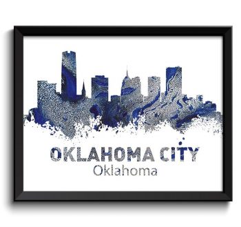 INSTANT DOWNLOAD Oklahoma City Skyline Navy Blue Grey Silver Gray Watercolor Cityscape Poster Print Landscape Art Painting