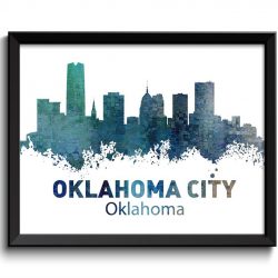 INSTANT DOWNLOAD Oklahoma City Skyline Teal Green Navy Blue Gray Gray Watercolor Cityscape Poster Print Landscape Art Painting