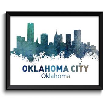 INSTANT DOWNLOAD Oklahoma City Skyline Teal Green Navy Blue Gray Gray Watercolor Cityscape Poster Print Landscape Art Painting