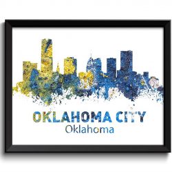 INSTANT DOWNLOAD Oklahoma City Skyline Yellow Navy Blue Watercolor Cityscape Poster Print Landscape Art Painting