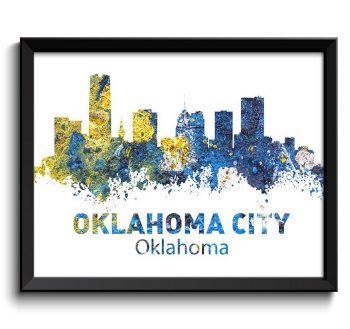 INSTANT DOWNLOAD Oklahoma City Skyline Yellow Navy Blue Watercolor Cityscape Poster Print Landscape Art Painting