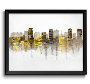 INSTANT DOWNLOAD Orlando Gold Yellow Grey Gray Black Skyline Florida USA United States Cityscape Art Print Poster Watercolor Painting