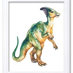 INSTANT DOWNLOAD Parasaurolophus Watercolor Dinosaur Print Green Yellow Beige Dinosaur Wall Art Children Nursery Art Poster Home Decor Painting