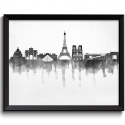 INSTANT DOWNLOAD Paris Skyline City Black White Grey Cityscape France Europe Famous Landmarks Poster Print Abstract Landscape Art Painting